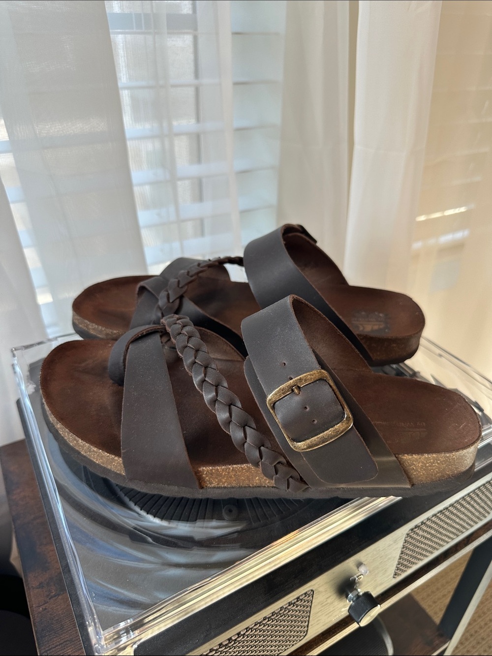 Braided Brown Leather Slide Sandals